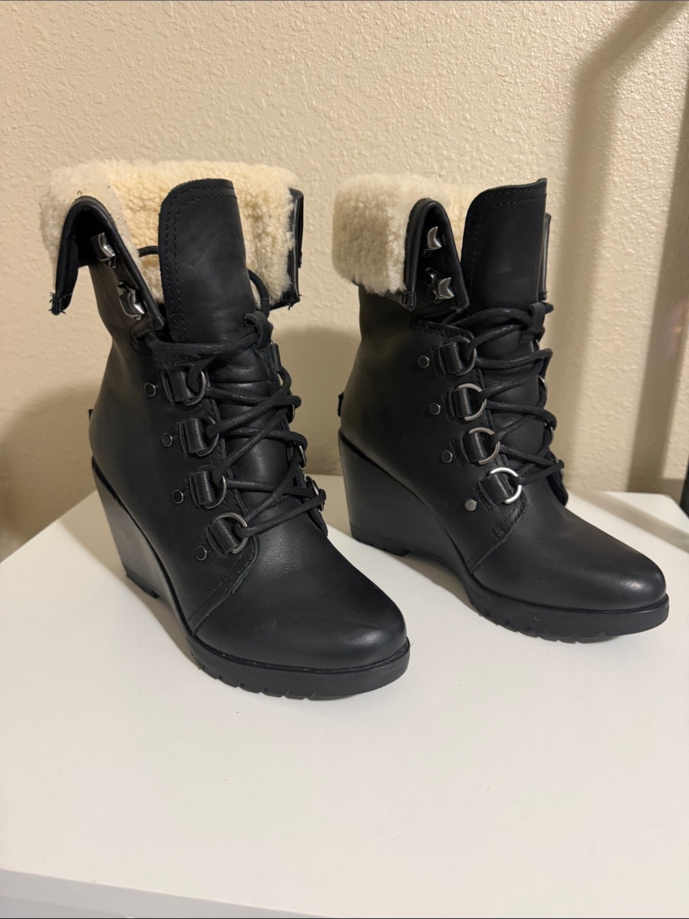 Sorel Black Wedge Booties with Cream Faux Shearling Cuff